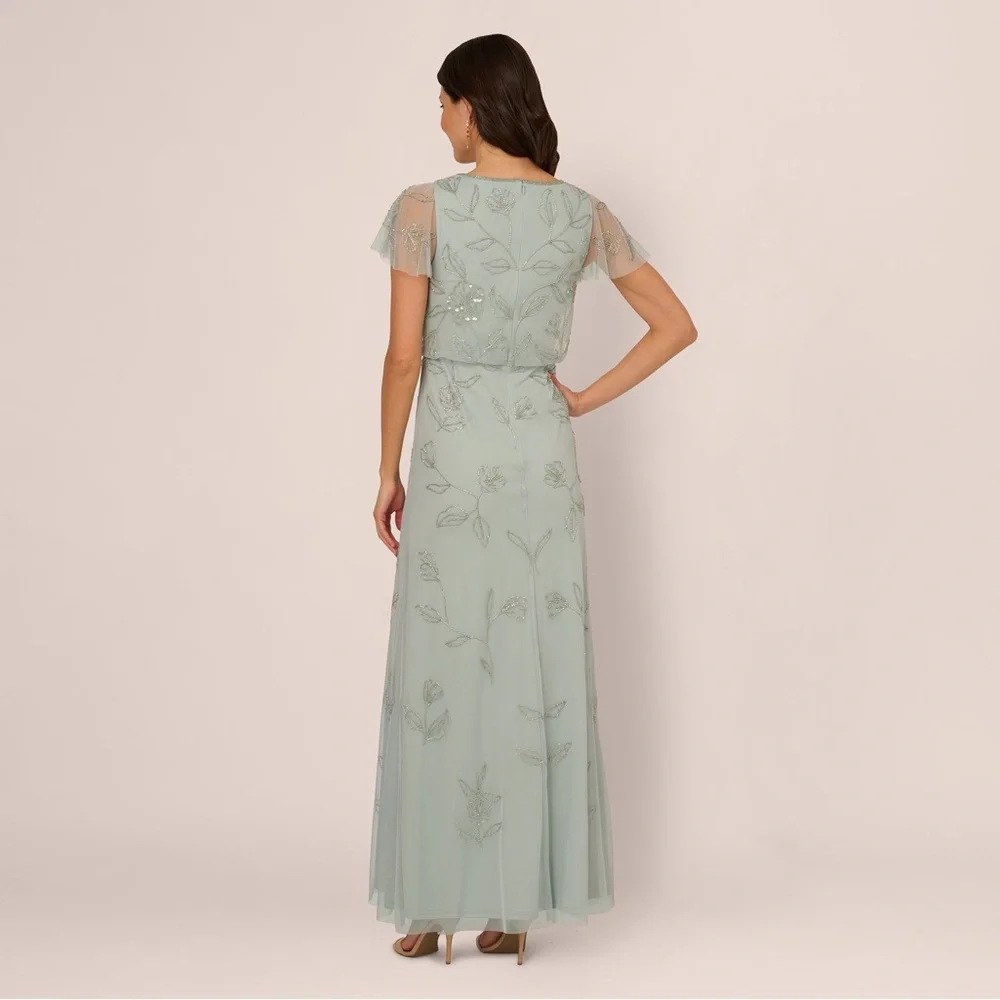 Adrianna Papell Sage Green Beaded Floral Maxi Gown Size 12 NWT GALA MOB Formal